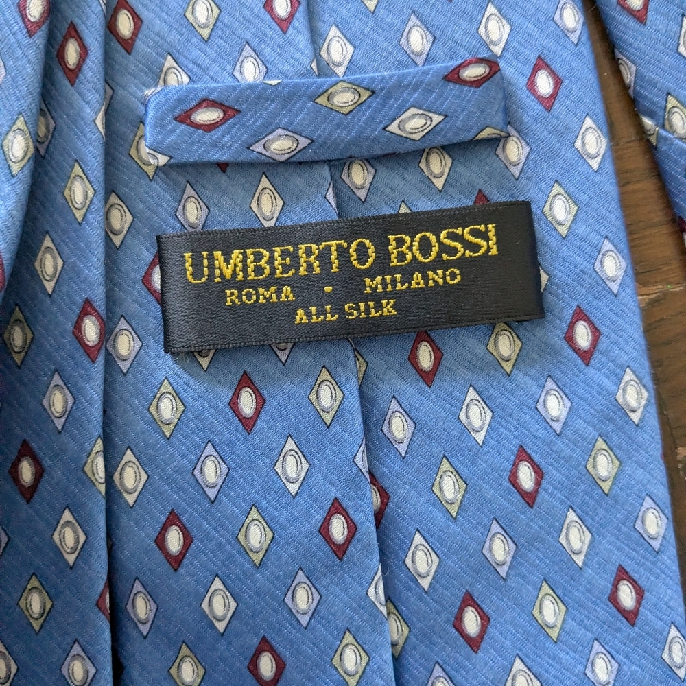 💥SALE💥 VTG Umberto Bossi Blue Silk Men's Tie with Geometric Diamond Pattern - Picture 7 of 7